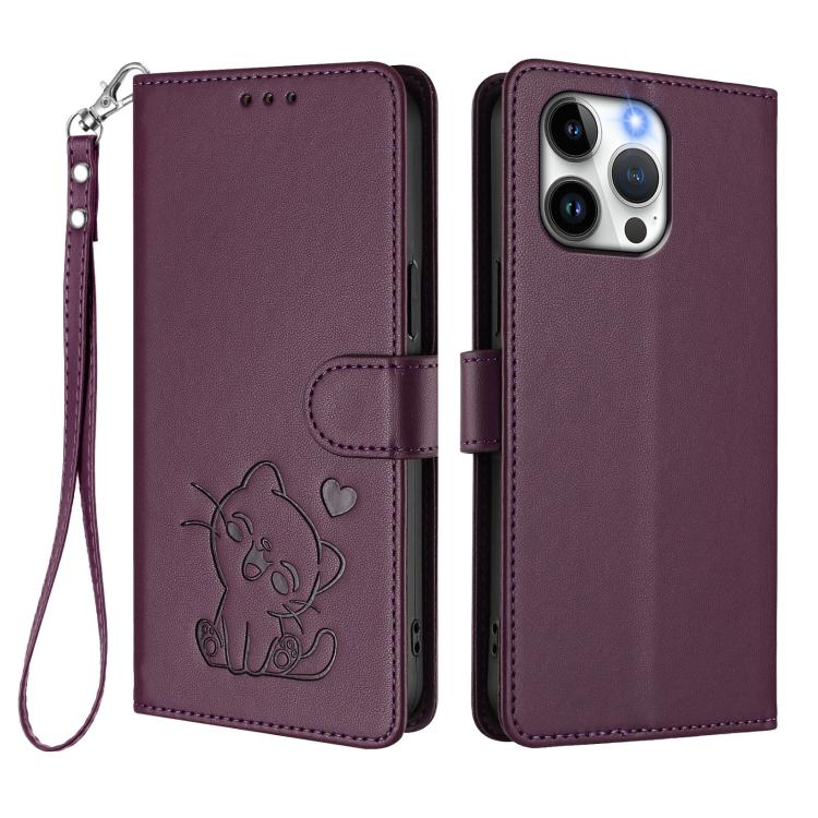 For iPhone 14 Pro Max Embossed Heart Cat Leather Phone Case with Hand Strap
