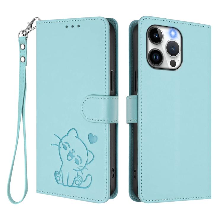 For iPhone 13 Pro Max Embossed Heart Cat Leather Phone Case with Hand Strap