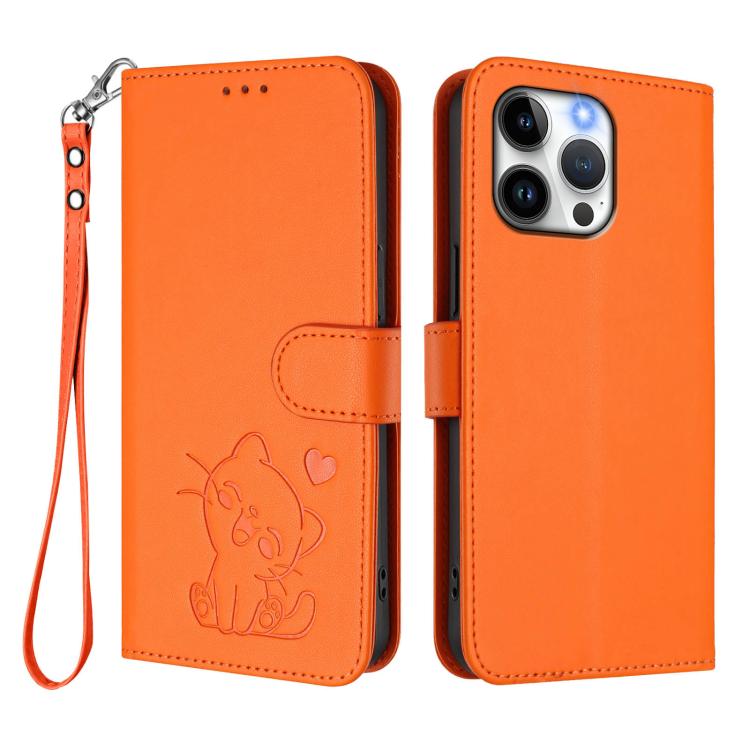 For iPhone 13 Pro Max Embossed Heart Cat Leather Phone Case with Hand Strap