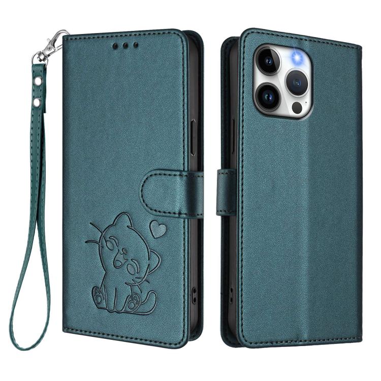 For iPhone 13 Pro Embossed Heart Cat Leather Phone Case with Hand Strap