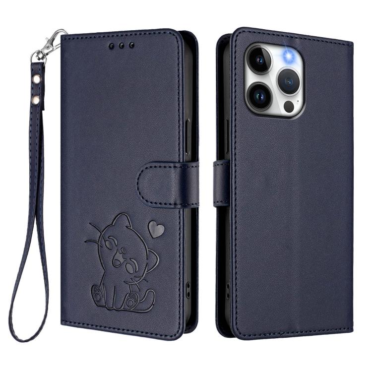For iPhone 13 Pro Embossed Heart Cat Leather Phone Case with Hand Strap