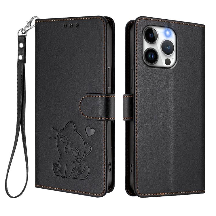 For iPhone 13 Pro Embossed Heart Cat Leather Phone Case with Hand Strap