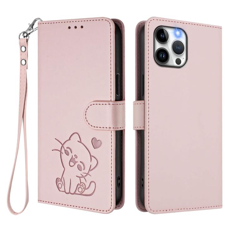 For iPhone 12 Pro Max Embossed Heart Cat Leather Phone Case with Hand Strap