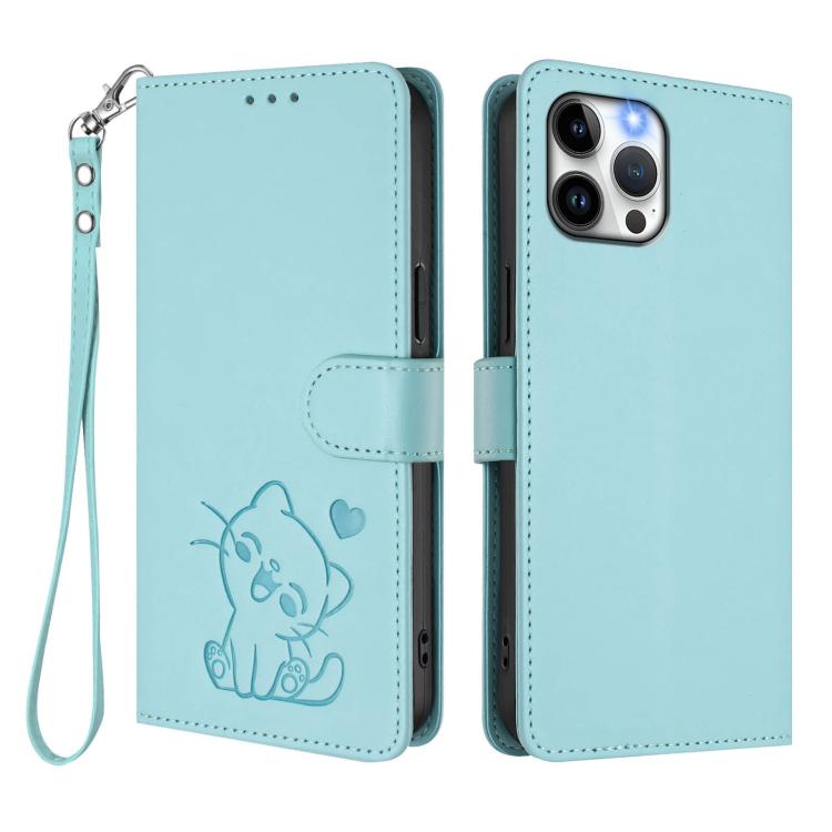 For iPhone 12 Pro Max Embossed Heart Cat Leather Phone Case with Hand Strap