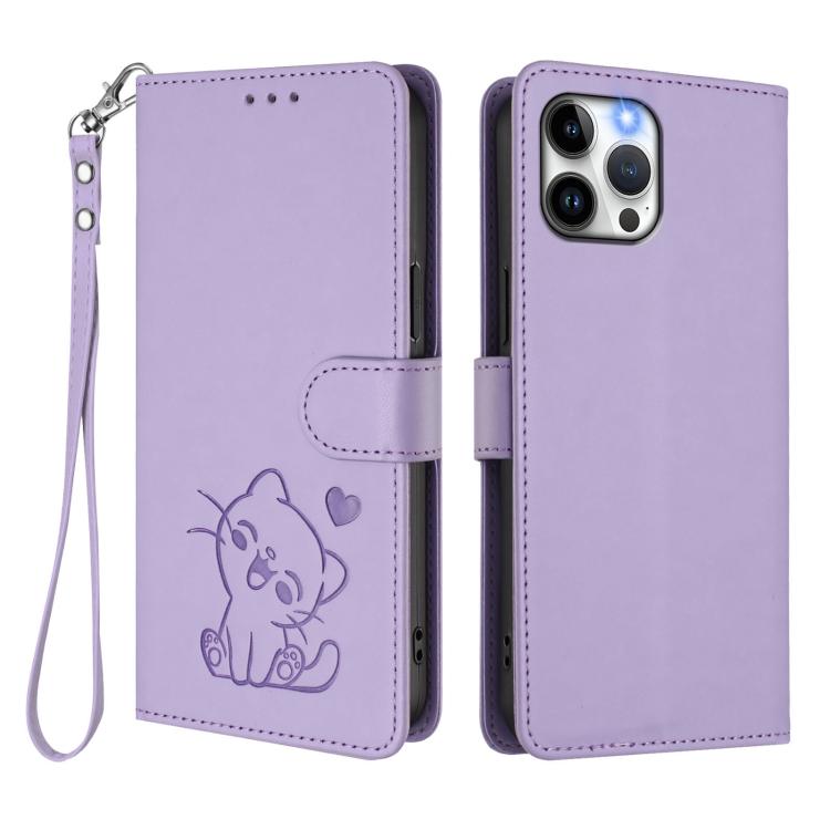 For iPhone 12 Pro Max Embossed Heart Cat Leather Phone Case with Hand Strap