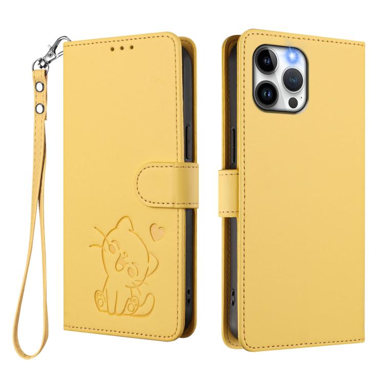 For iPhone 12 Pro Max Embossed Heart Cat Leather Phone Case with Hand Strap