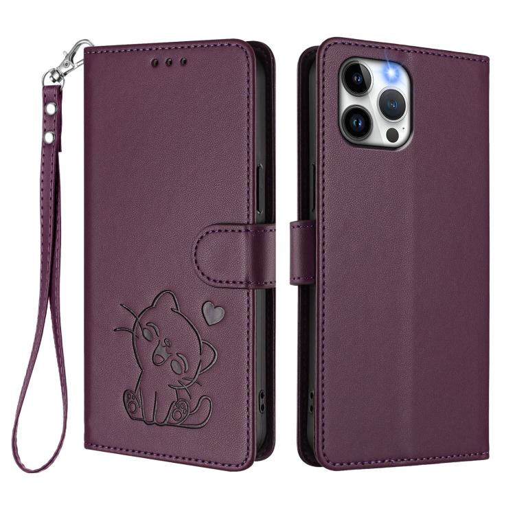 For iPhone 12 Pro Max Embossed Heart Cat Leather Phone Case with Hand Strap