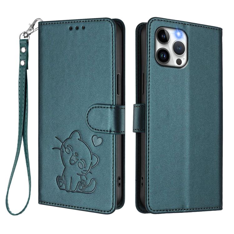 For iPhone 12 Pro Max Embossed Heart Cat Leather Phone Case with Hand Strap