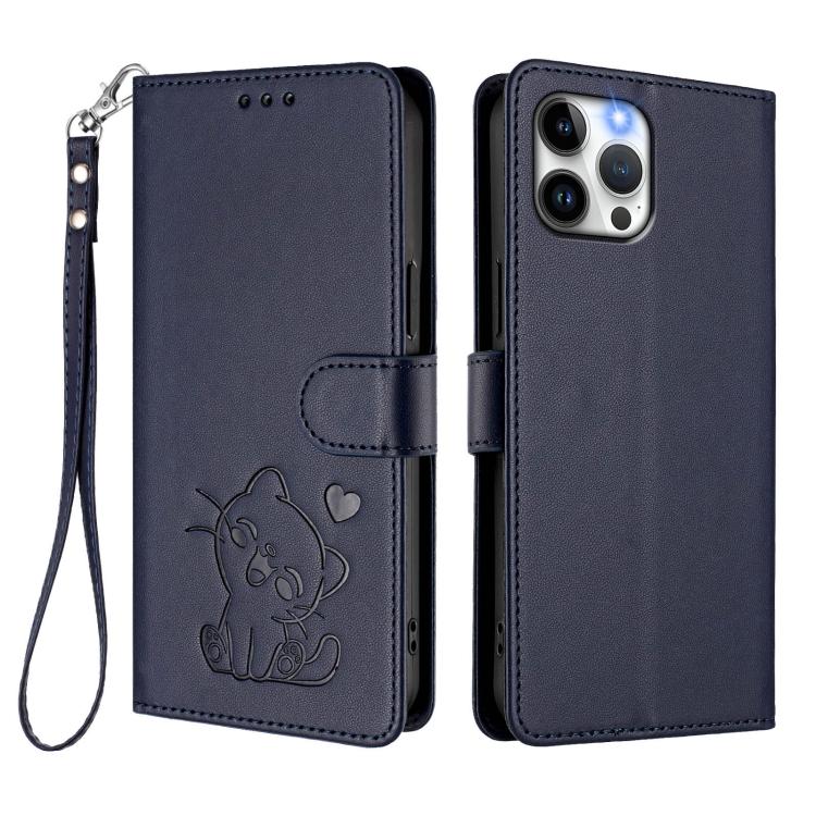 For iPhone 12 Pro Max Embossed Heart Cat Leather Phone Case with Hand Strap