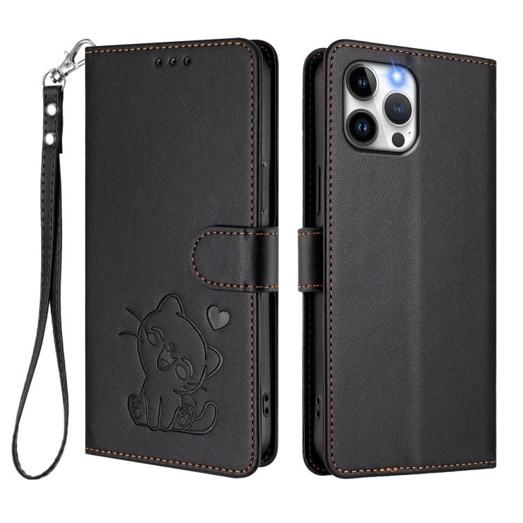 For iPhone 12 Pro Max Embossed Heart Cat Leather Phone Case with Hand Strap