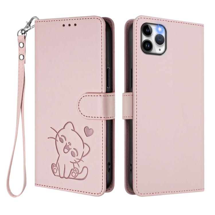 For iPhone 11 Pro Embossed Heart Cat Leather Phone Case with Hand Strap