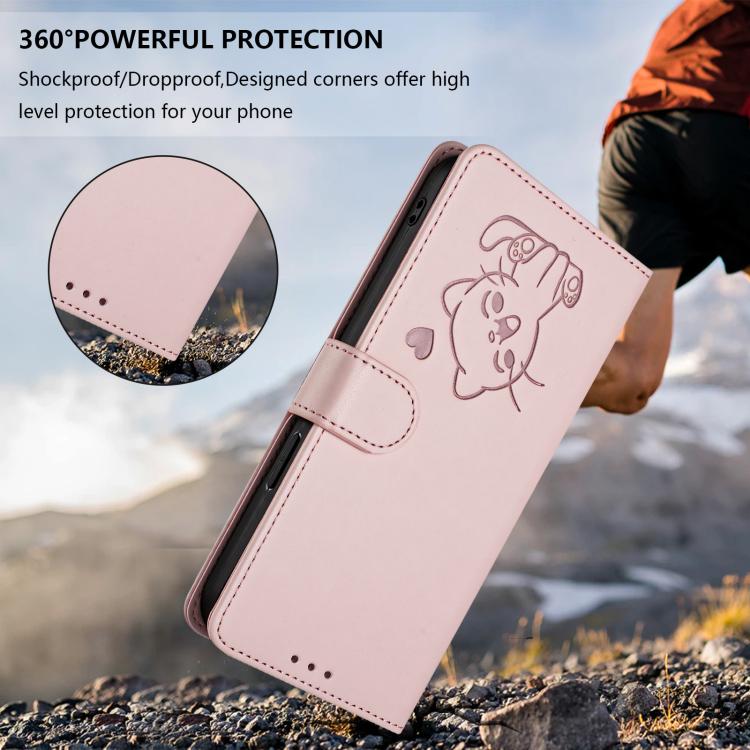 For iPhone 11 Pro Embossed Heart Cat Leather Phone Case with Hand Strap
