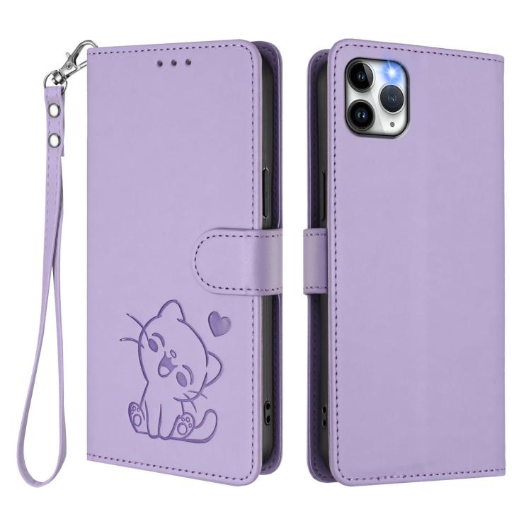 For iPhone 11 Pro Embossed Heart Cat Leather Phone Case with Hand Strap