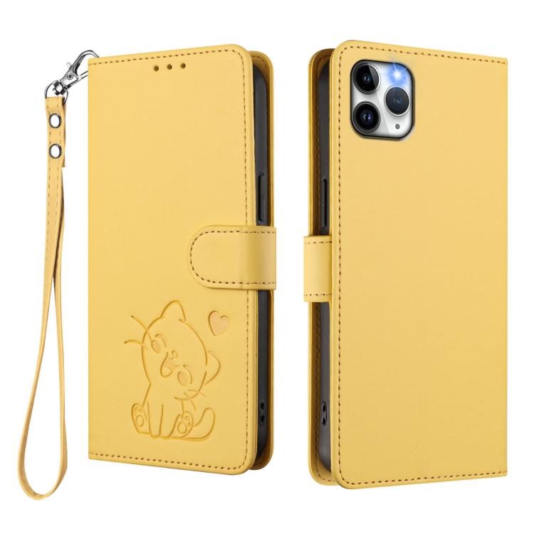 For iPhone 11 Pro Embossed Heart Cat Leather Phone Case with Hand Strap