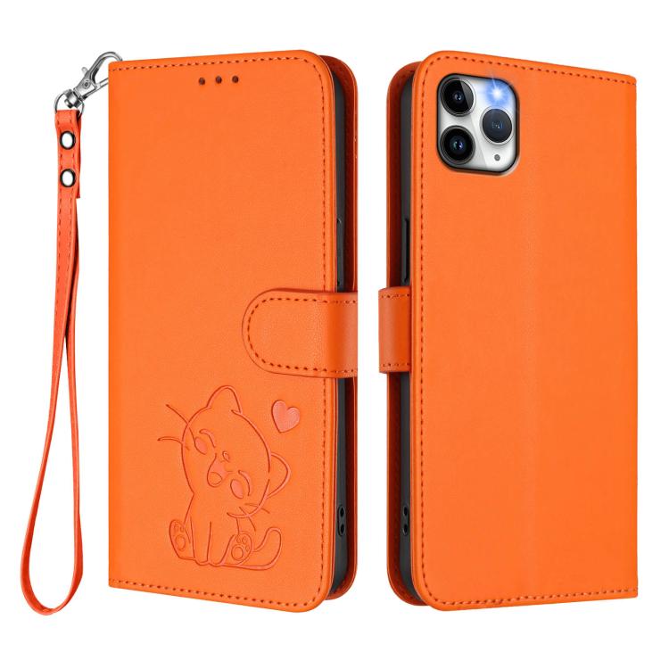 For iPhone 11 Pro Embossed Heart Cat Leather Phone Case with Hand Strap