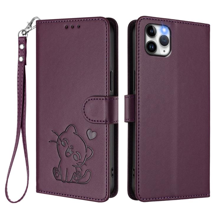 For iPhone 11 Pro Embossed Heart Cat Leather Phone Case with Hand Strap