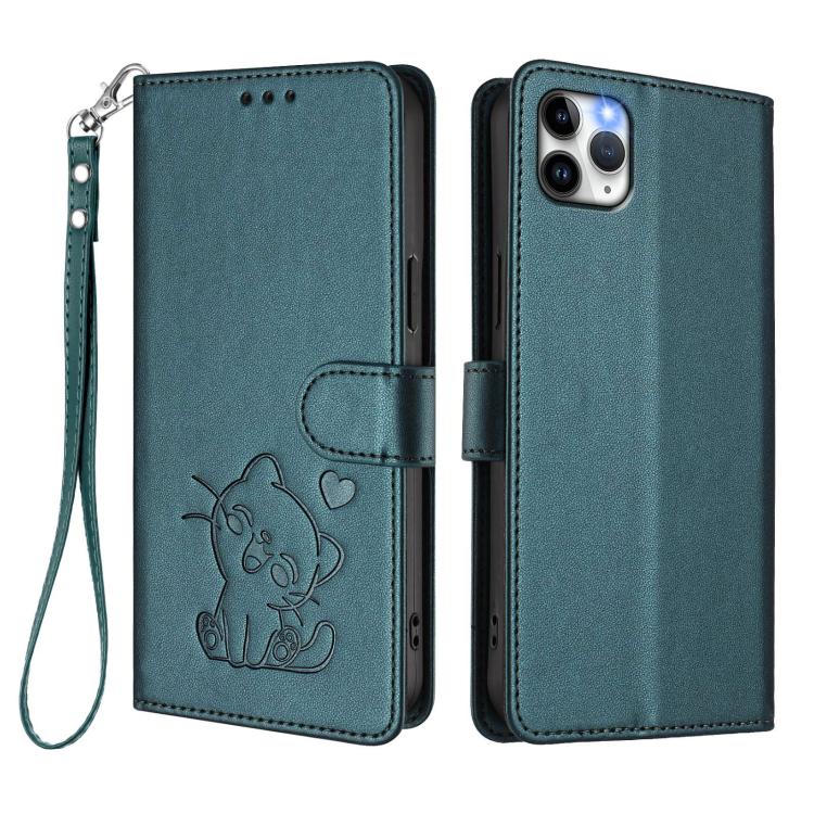 For iPhone 11 Pro Embossed Heart Cat Leather Phone Case with Hand Strap