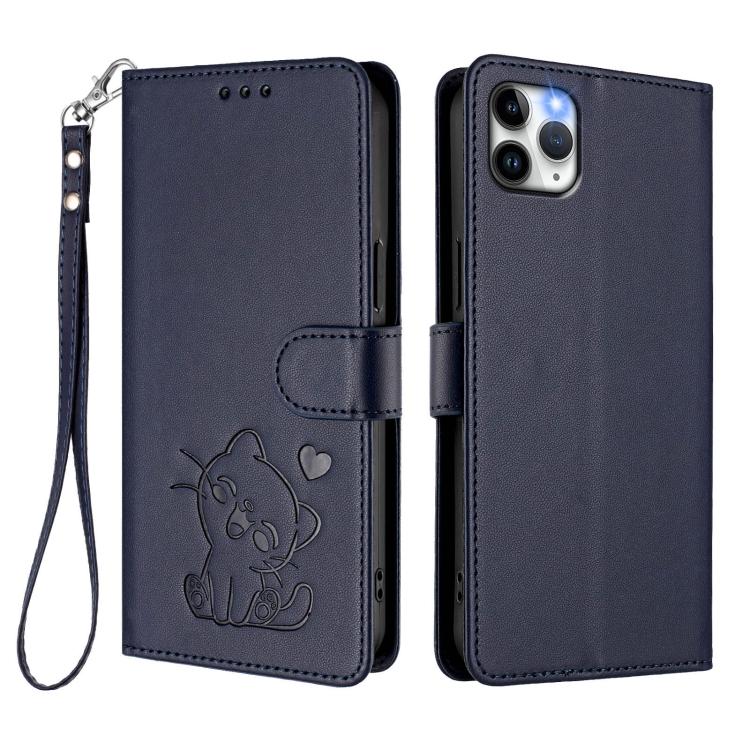 For iPhone 11 Pro Embossed Heart Cat Leather Phone Case with Hand Strap