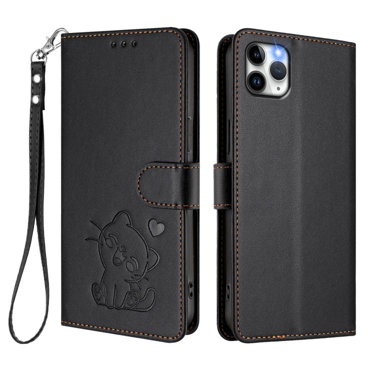 For iPhone 11 Pro Embossed Heart Cat Leather Phone Case with Hand Strap