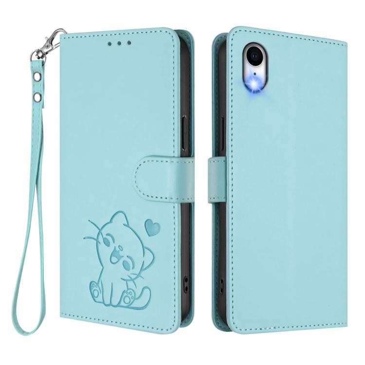 For iPhone XR Embossed Heart Cat Leather Phone Case with Hand Strap