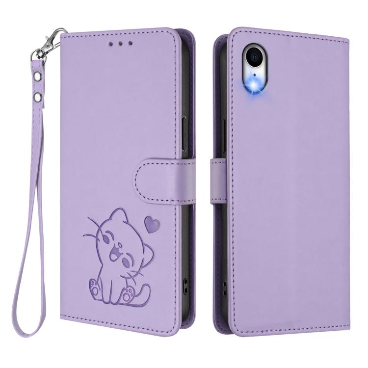 For iPhone XR Embossed Heart Cat Leather Phone Case with Hand Strap