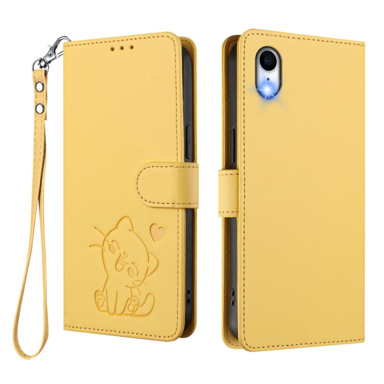 For iPhone XR Embossed Heart Cat Leather Phone Case with Hand Strap