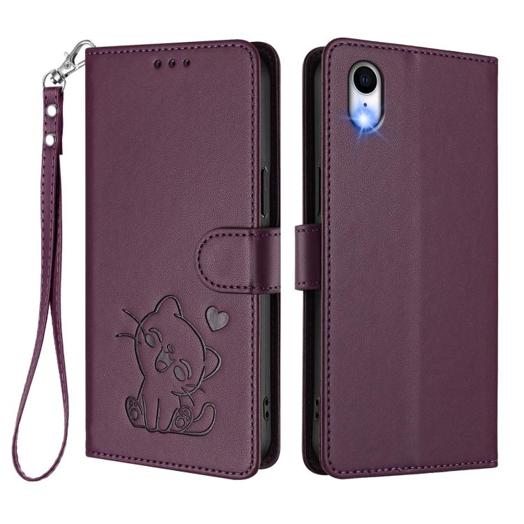For iPhone XR Embossed Heart Cat Leather Phone Case with Hand Strap
