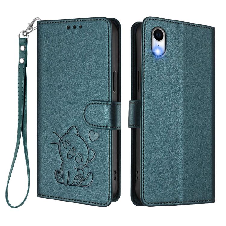 For iPhone XR Embossed Heart Cat Leather Phone Case with Hand Strap