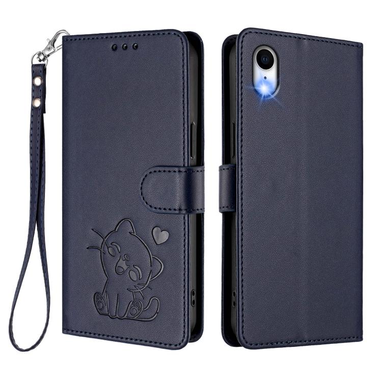 For iPhone XR Embossed Heart Cat Leather Phone Case with Hand Strap