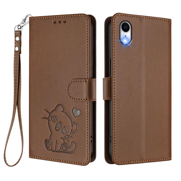 For iPhone XR Embossed Heart Cat Leather Phone Case with Hand Strap