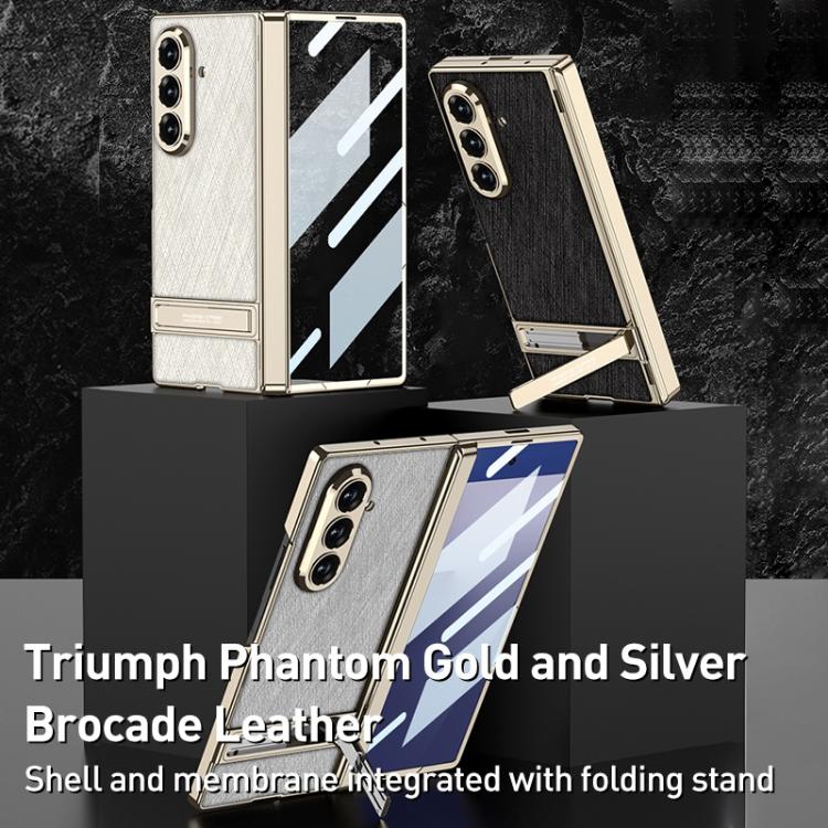 For Samsung Galaxy Z Fold7 5G GKK Integrated Magnetic Plain Leather Silver Brocade Phone Case with Holder