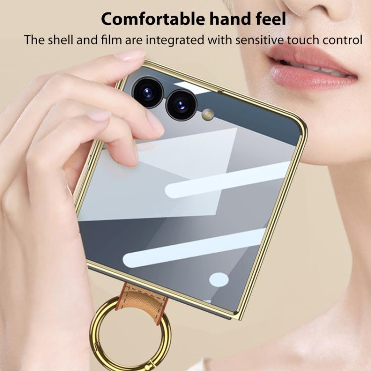 For Samsung Galaxy Z Flip7 5G GKK Integrated Electroplating Ring Leather Phone Case with Strap