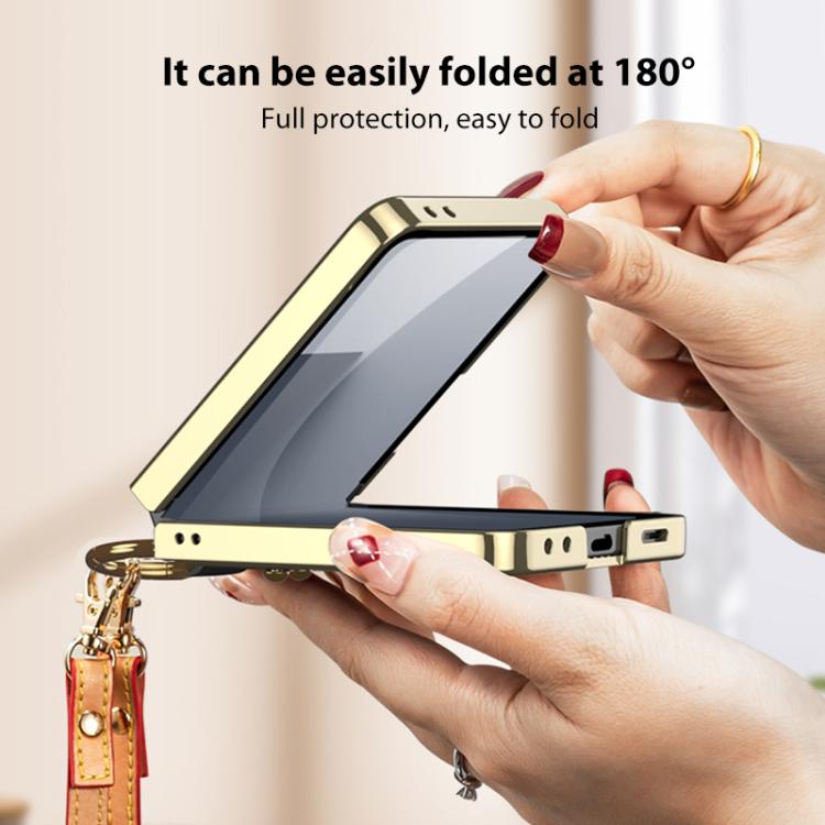 For Samsung Galaxy Z Flip7 5G GKK Integrated Electroplating Ring Leather Phone Case with Strap