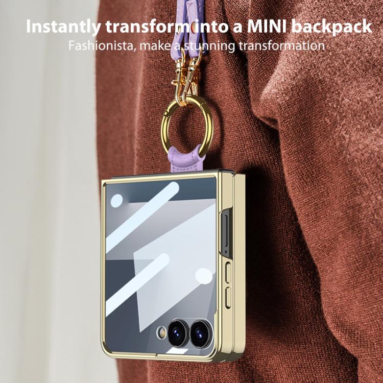 For Samsung Galaxy Z Flip7 5G GKK Integrated Electroplating Ring Leather Phone Case with Strap