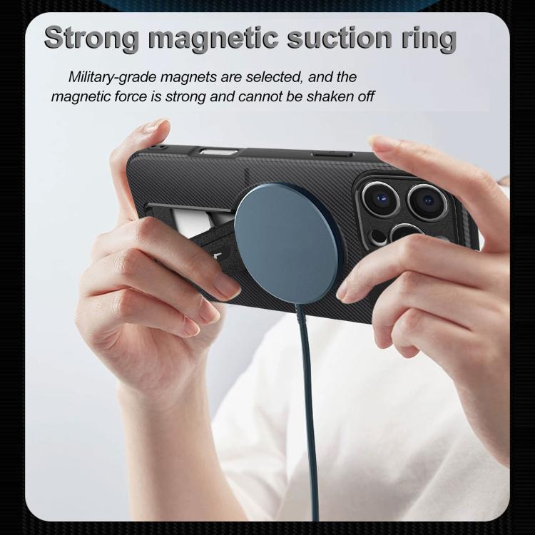For iPhone 16 Pro Max Carbon Fiber Texture MagSafe Phone Case with Holder