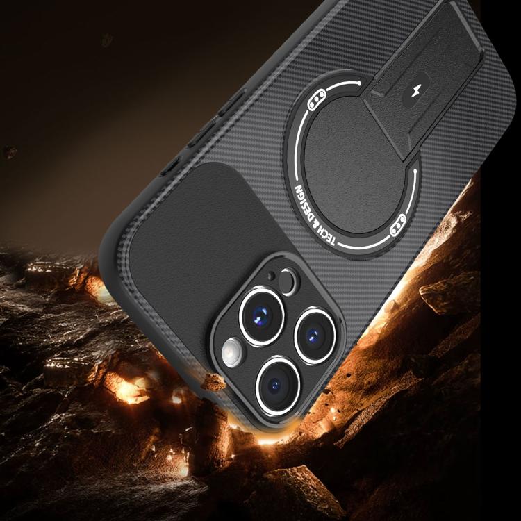 For iPhone 16 Pro Max Carbon Fiber Texture MagSafe Phone Case with Holder
