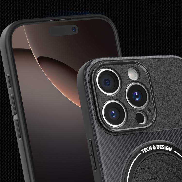 For iPhone 16 Pro Max Carbon Fiber Texture MagSafe Phone Case with Holder