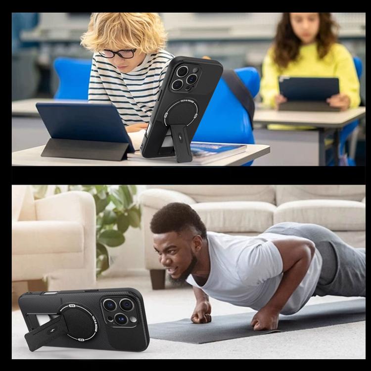 For iPhone 16 Pro Max Carbon Fiber Texture MagSafe Phone Case with Holder