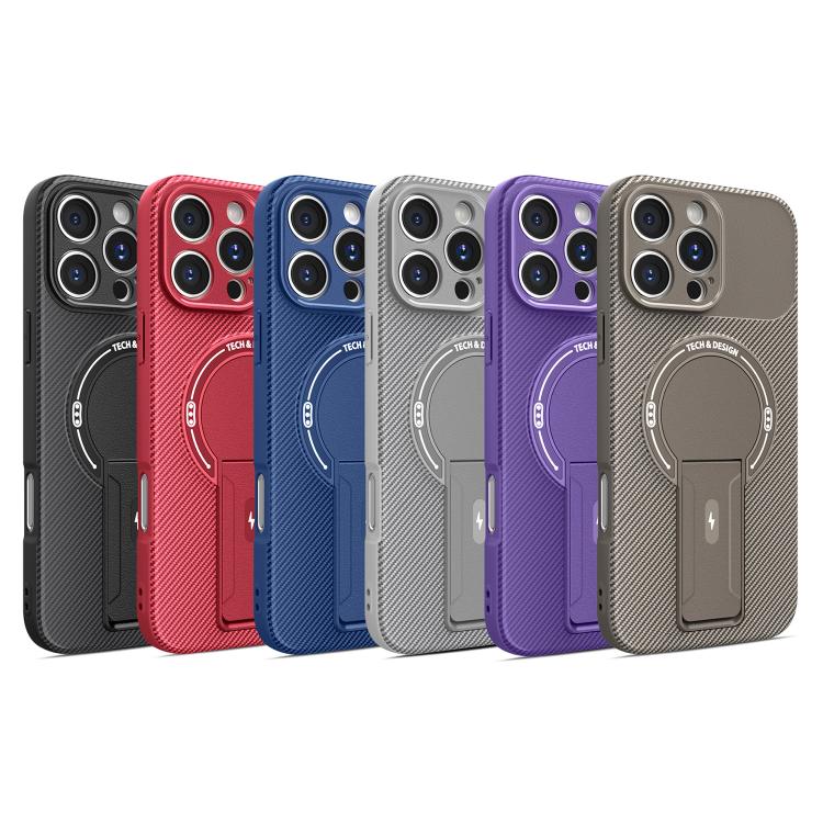 For iPhone 16 Pro Max Carbon Fiber Texture MagSafe Phone Case with Holder
