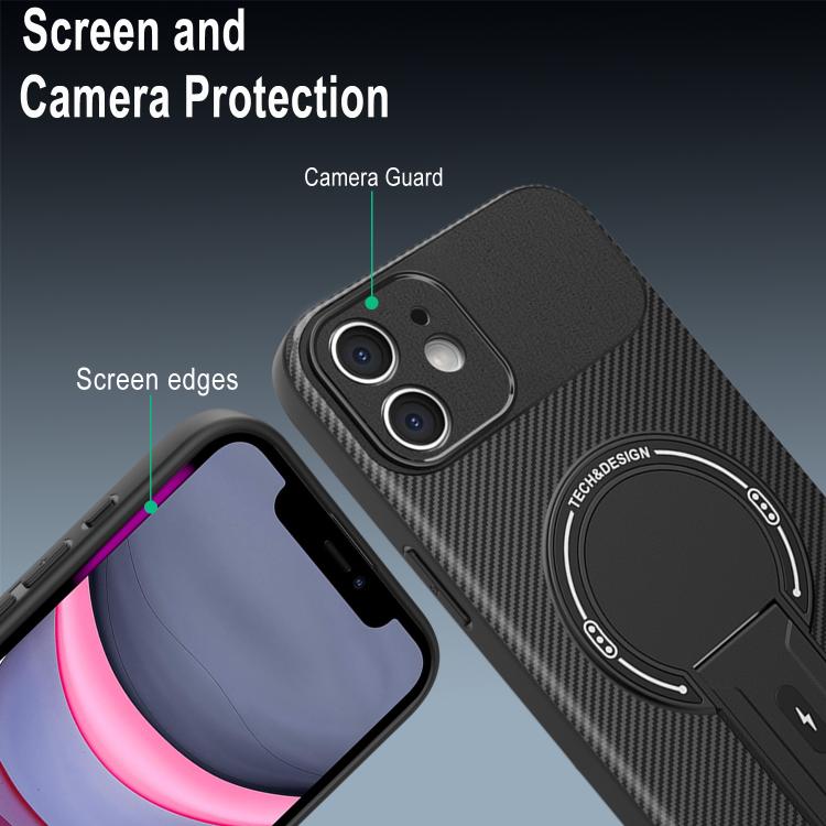 For iPhone 11 Carbon Fiber Texture MagSafe Phone Case with Holder