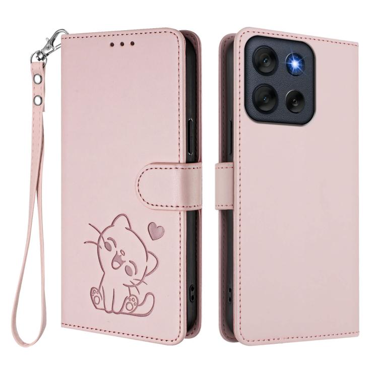 For Motorola Moto G56 5G Embossed Heart Cat Leather Phone Case with Hand Strap