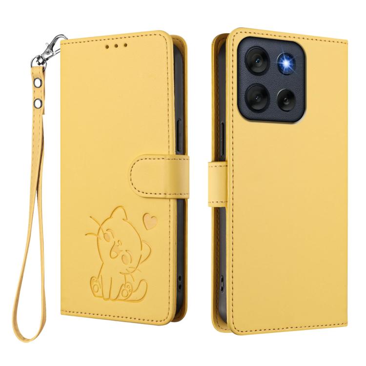 For Motorola Moto G56 5G Embossed Heart Cat Leather Phone Case with Hand Strap