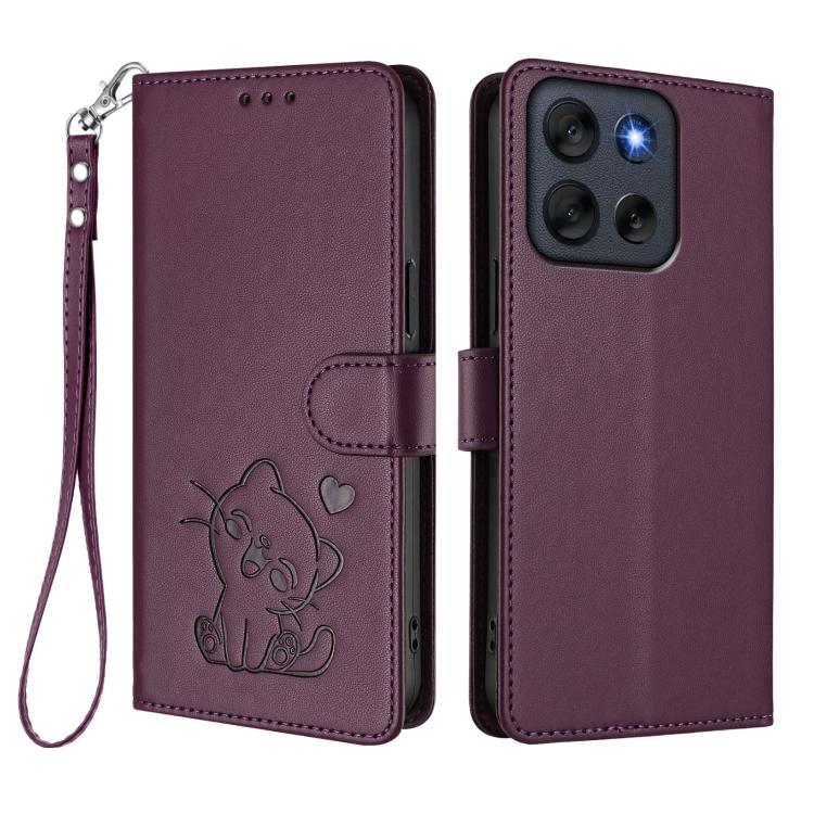 For Motorola Moto G56 5G Embossed Heart Cat Leather Phone Case with Hand Strap