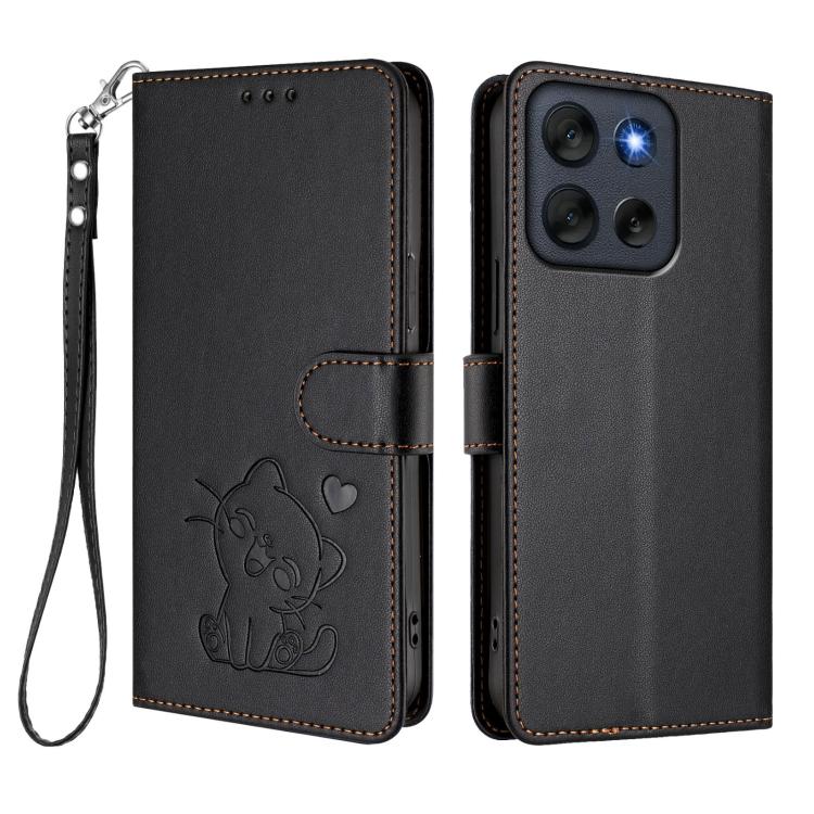 For Motorola Moto G56 5G Embossed Heart Cat Leather Phone Case with Hand Strap