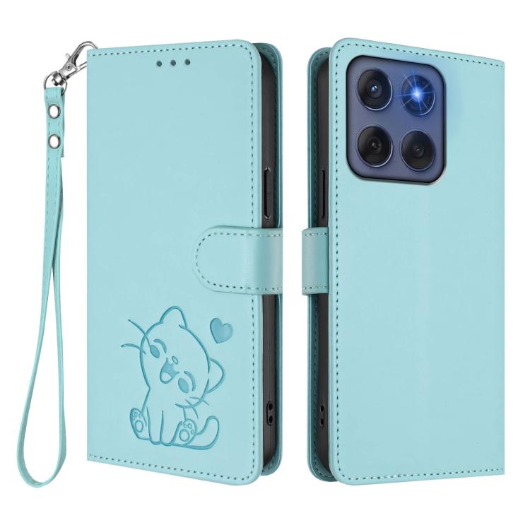 For Motorola Edge 60 Fusion Embossed Heart Cat Leather Phone Case with Hand Strap