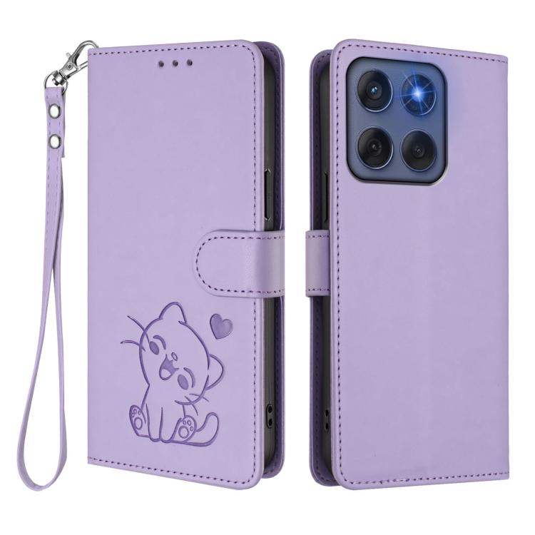 For Motorola Edge 60 Fusion Embossed Heart Cat Leather Phone Case with Hand Strap
