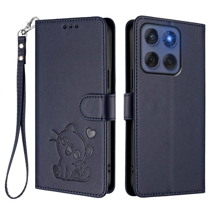 For Motorola Edge 60 Fusion Embossed Heart Cat Leather Phone Case with Hand Strap