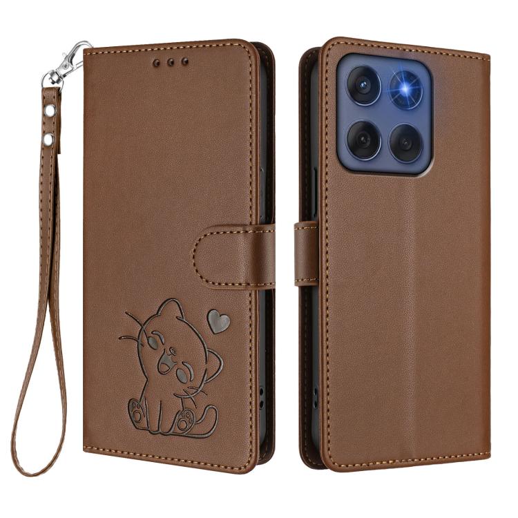 For Motorola Edge 60 Fusion Embossed Heart Cat Leather Phone Case with Hand Strap