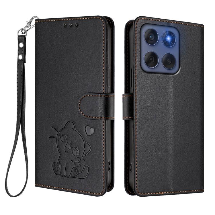For Motorola Edge 60 Fusion Embossed Heart Cat Leather Phone Case with Hand Strap