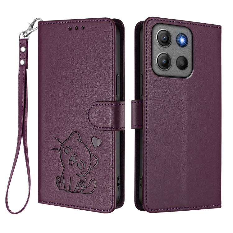 For Motorola Moto G15 / G15 Power Embossed Heart Cat Leather Phone Case with Hand Strap